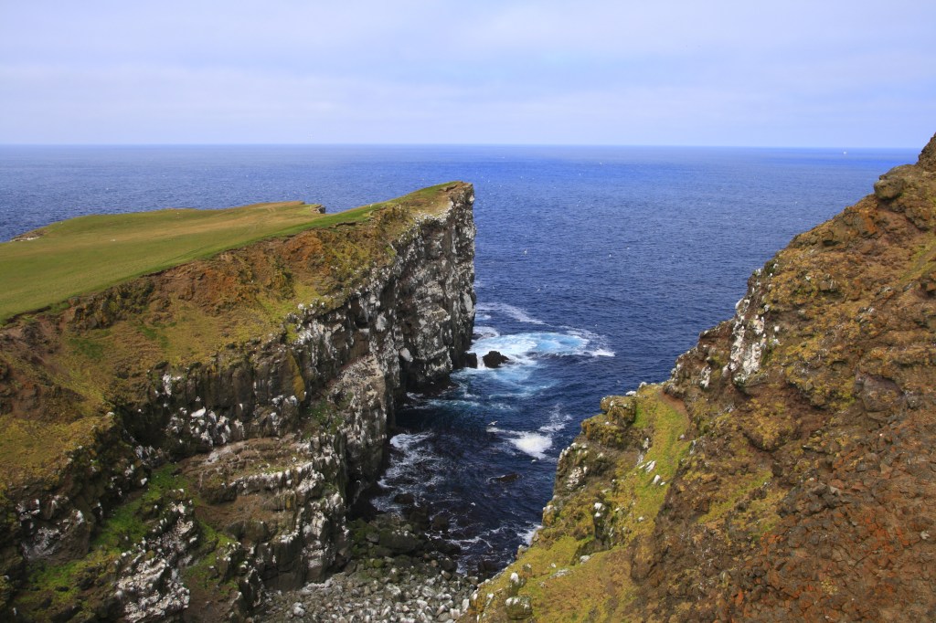 Grass-covered rocky cliffs extending into the sea